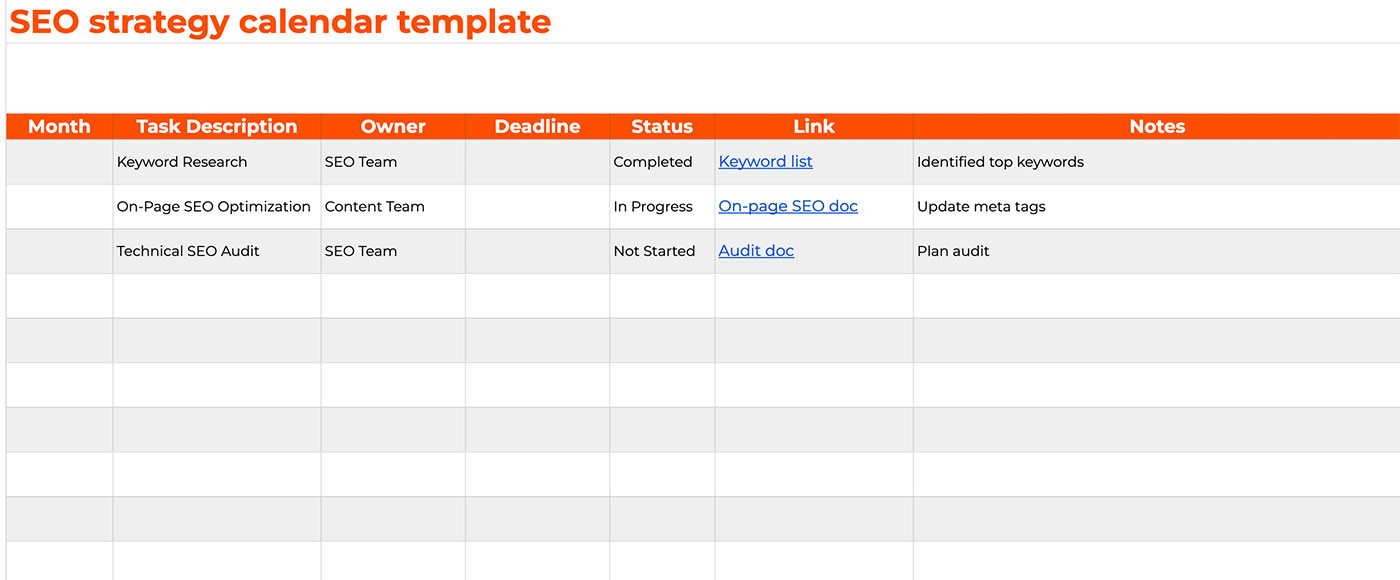 Screenshot of an SEO strategy calendar template with three rows filled in.