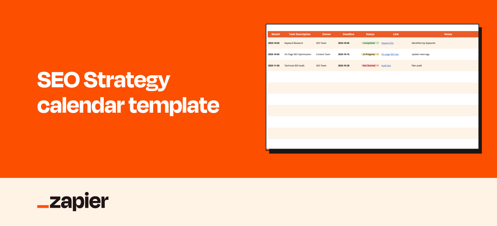 Screenshot of an SEO strategy calendar template with three rows filled in.