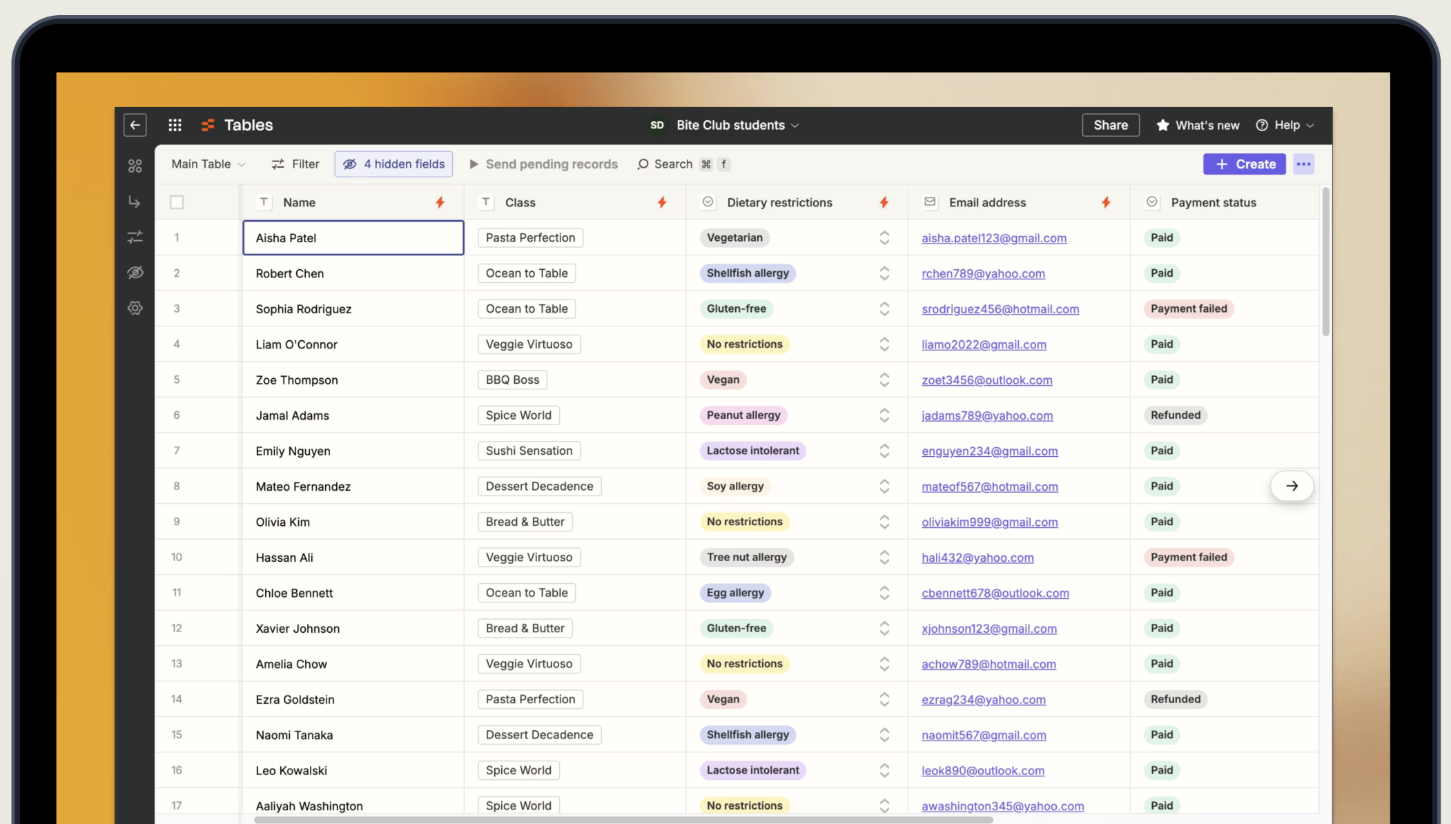 A Zapier table with names, class names, dietary restrictions, and contact information