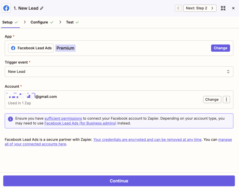 An orange arrow pointing to the text "Facebook Lead Ads Account" above the blue Facebook logo.