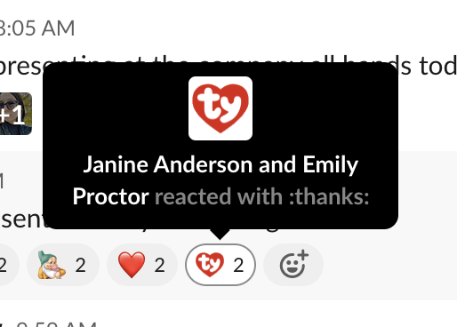 Slack message with a thanks custom Slack emoji reaction.