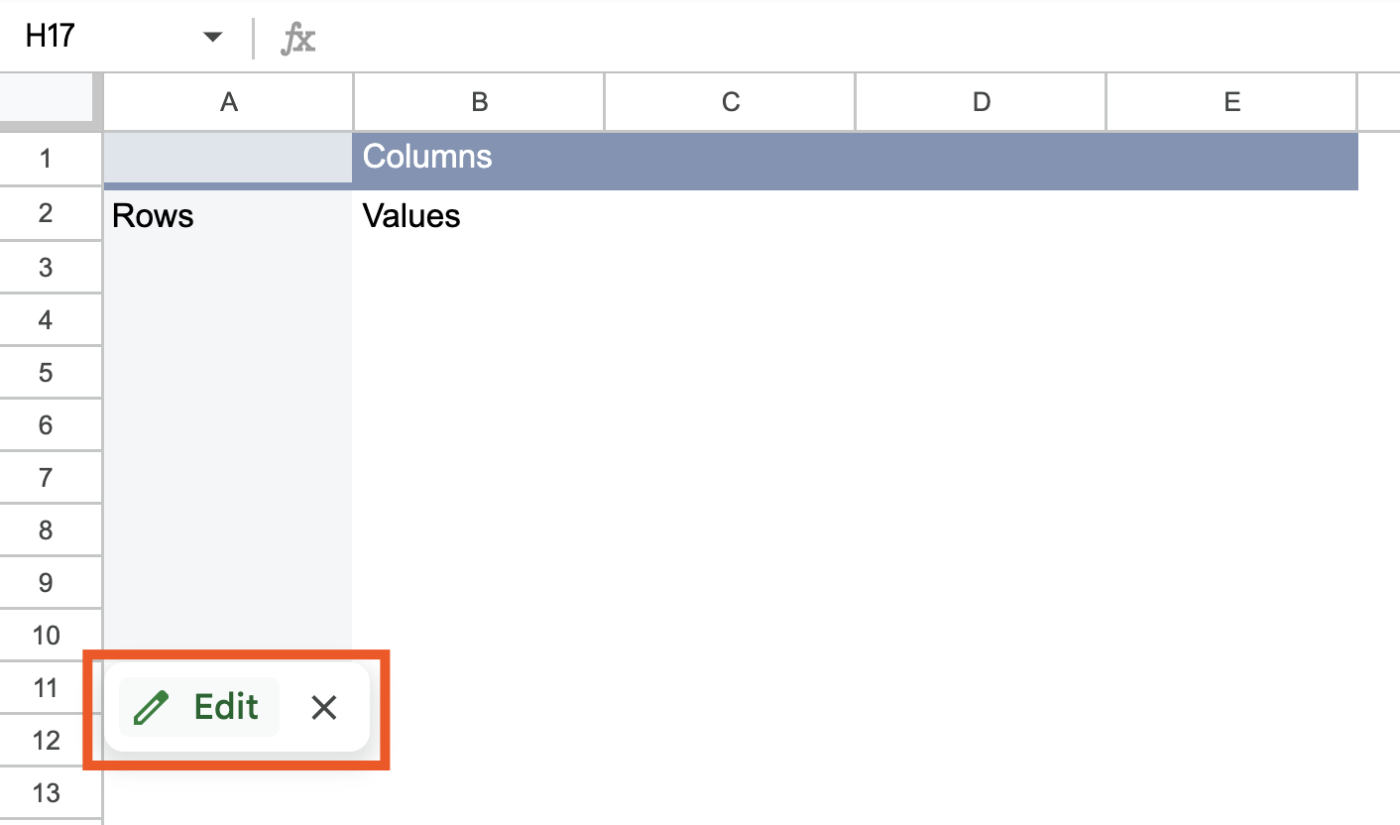 Edit pivot table button in a Google Sheets spreadsheet.