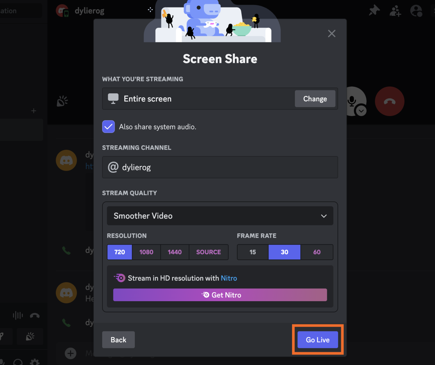 Image showing how to share screen from a private Discord call