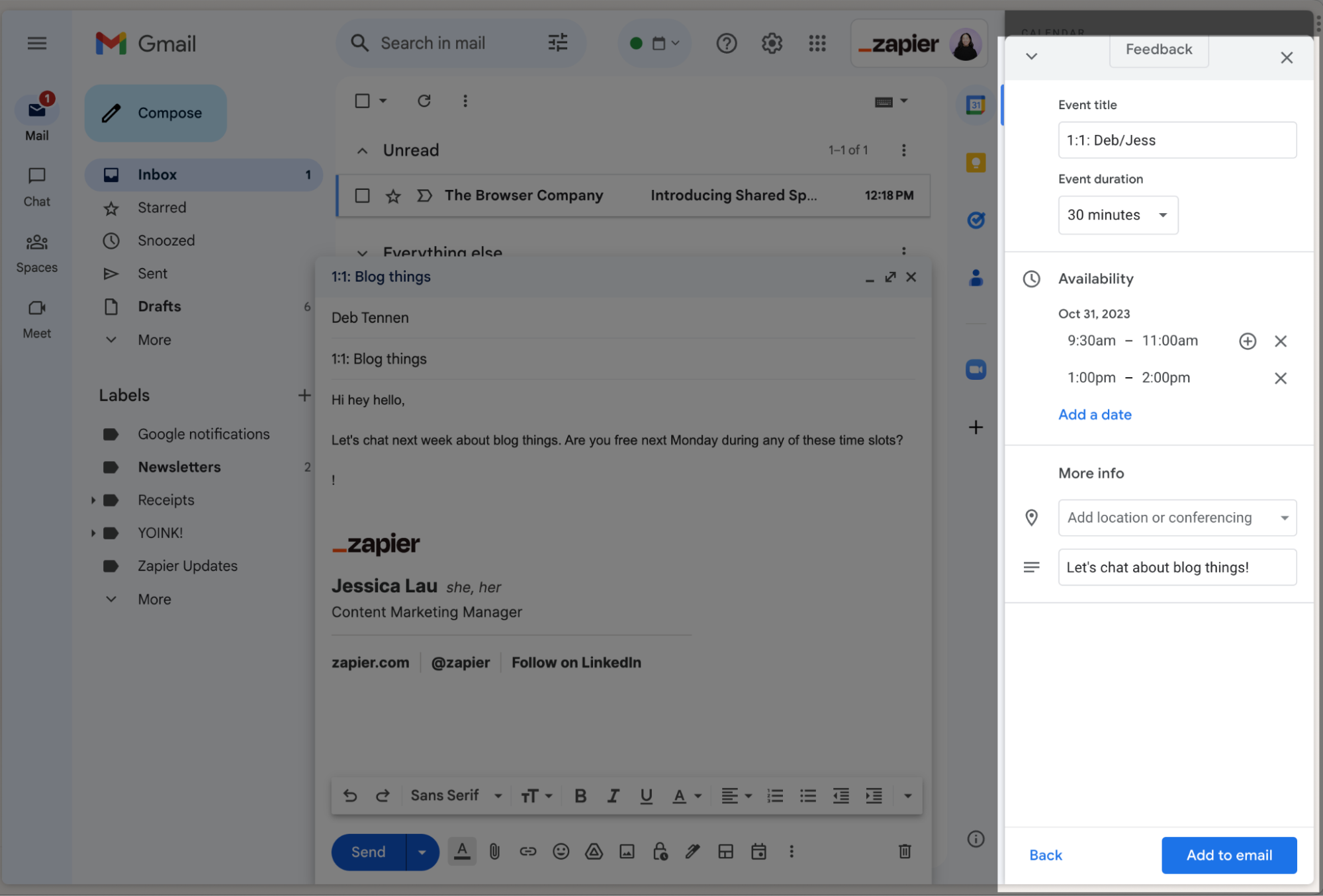 Google Calendar meeting details in the side panel next to an open email draft in Gmail.