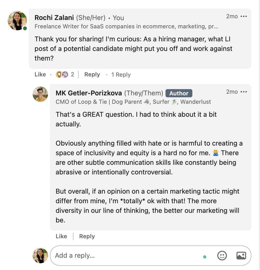 A comment from Rochi asking a detailed question about a LinkedIn post