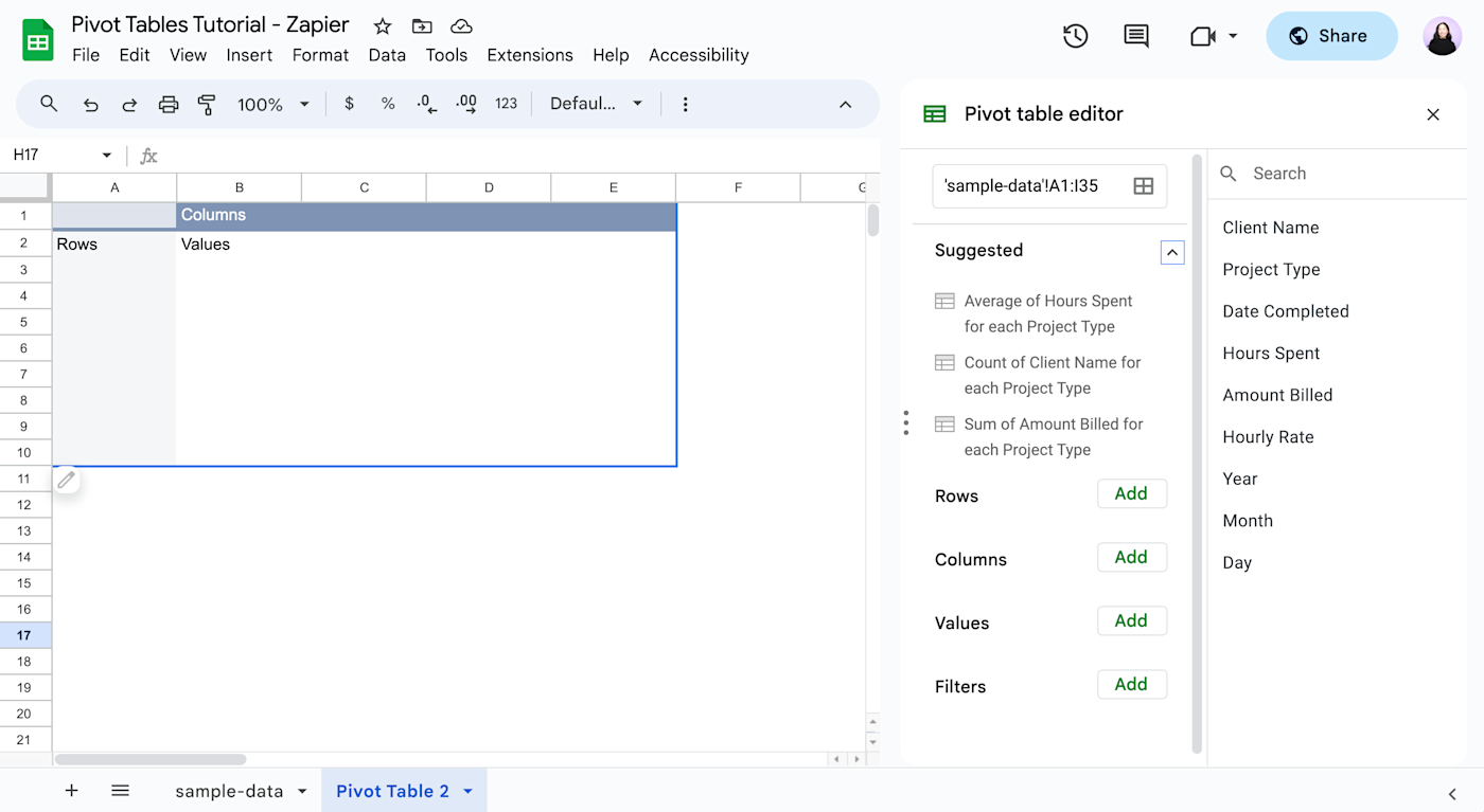 Pivot table in a new Google Sheets worksheet.