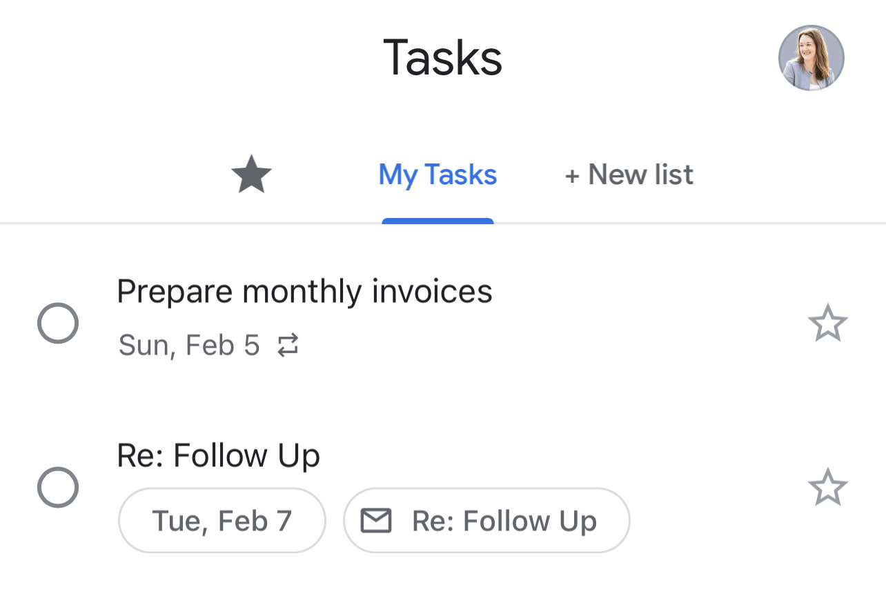 Google Tasks list with due dates and a link to the email