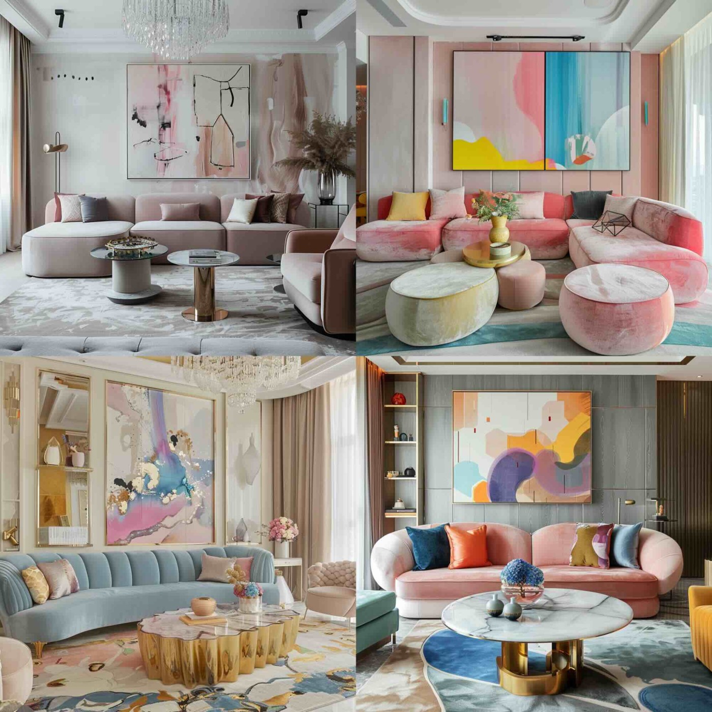 A living room in a luxury apartment, pastels