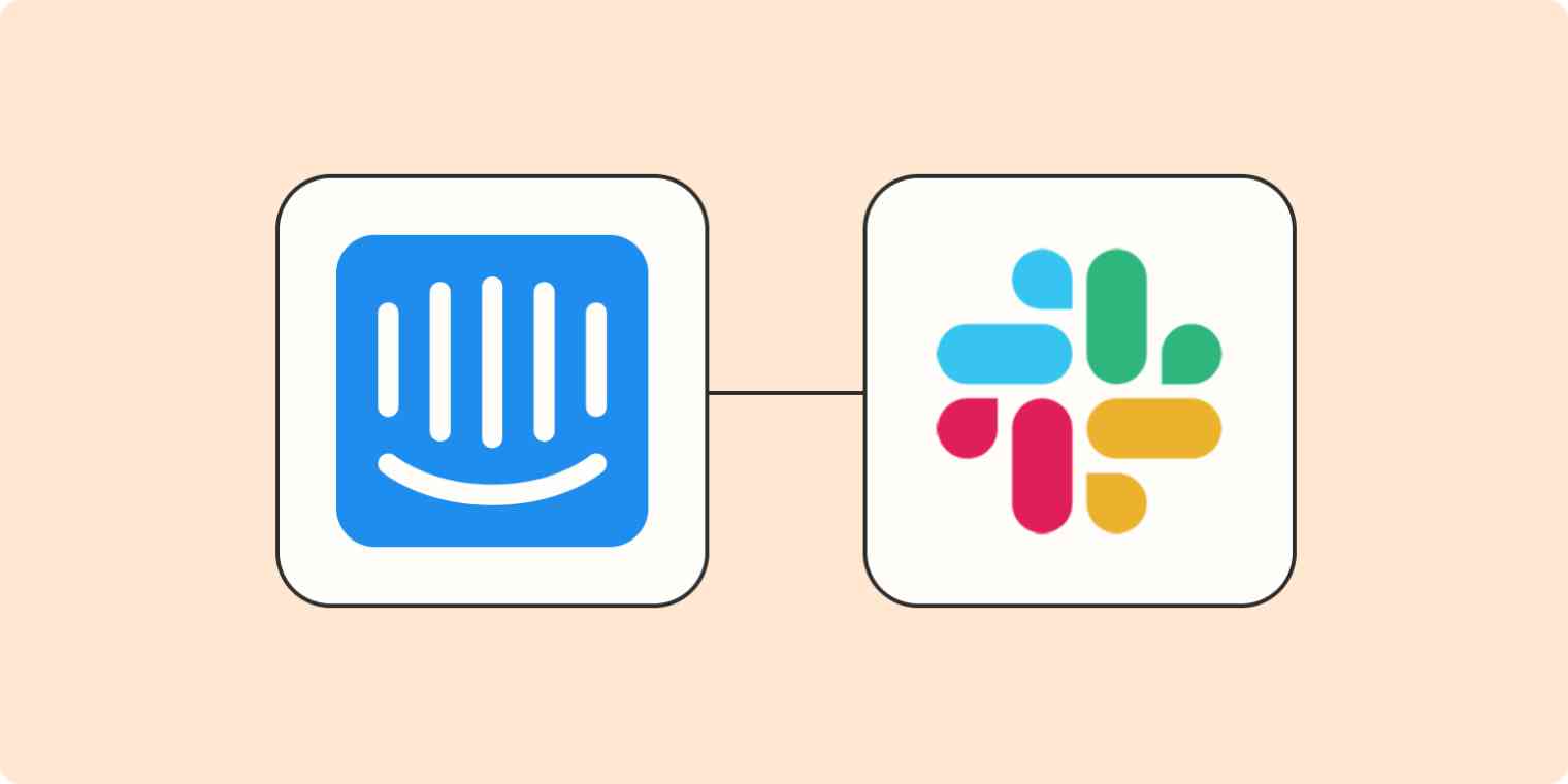 The blue Intercom app logo connected to the Slack app logo with orange dotted lines on an orange background.