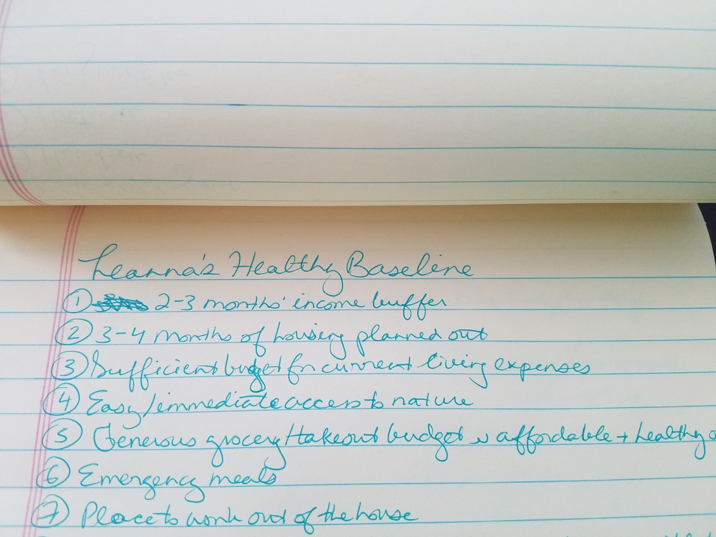 A list Leanna keeps of her "healthy baseline"