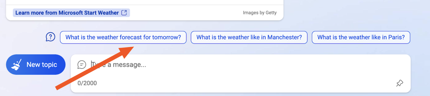 Bing Chat關於下一步搜索的建議