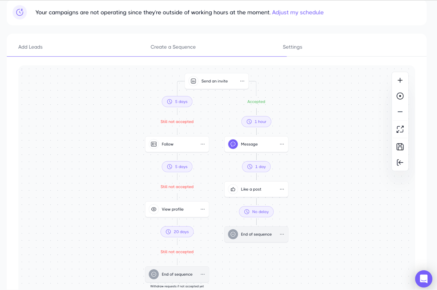 Example of building an automated workflow in the Dripify editor. 