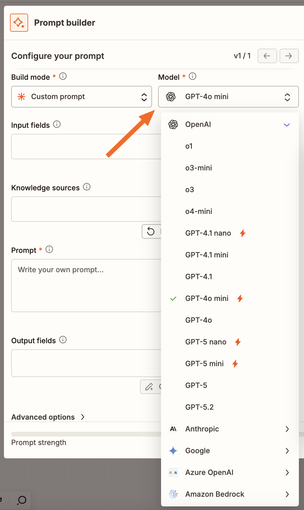 The dropdown menu for model selection in an AI by Zapier step