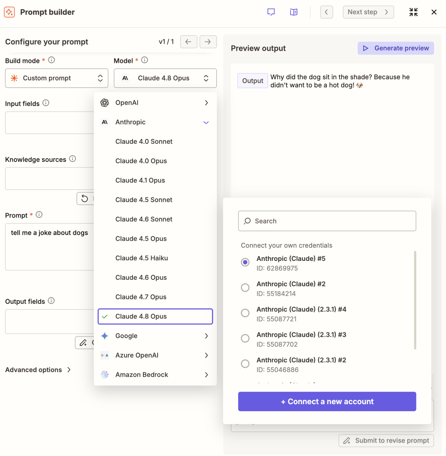 The dropdown menu for model selection in an AI by Zapier step