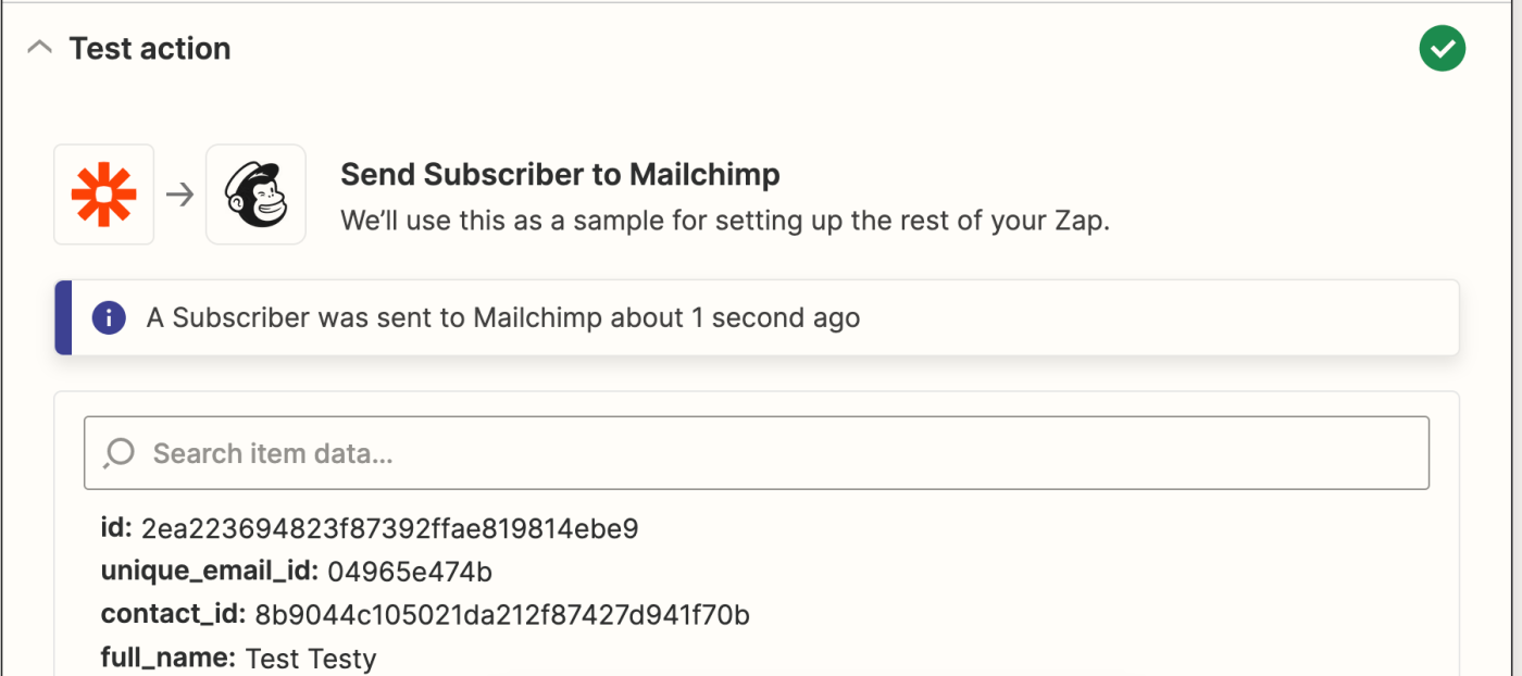A successful Mailchimp test screen.