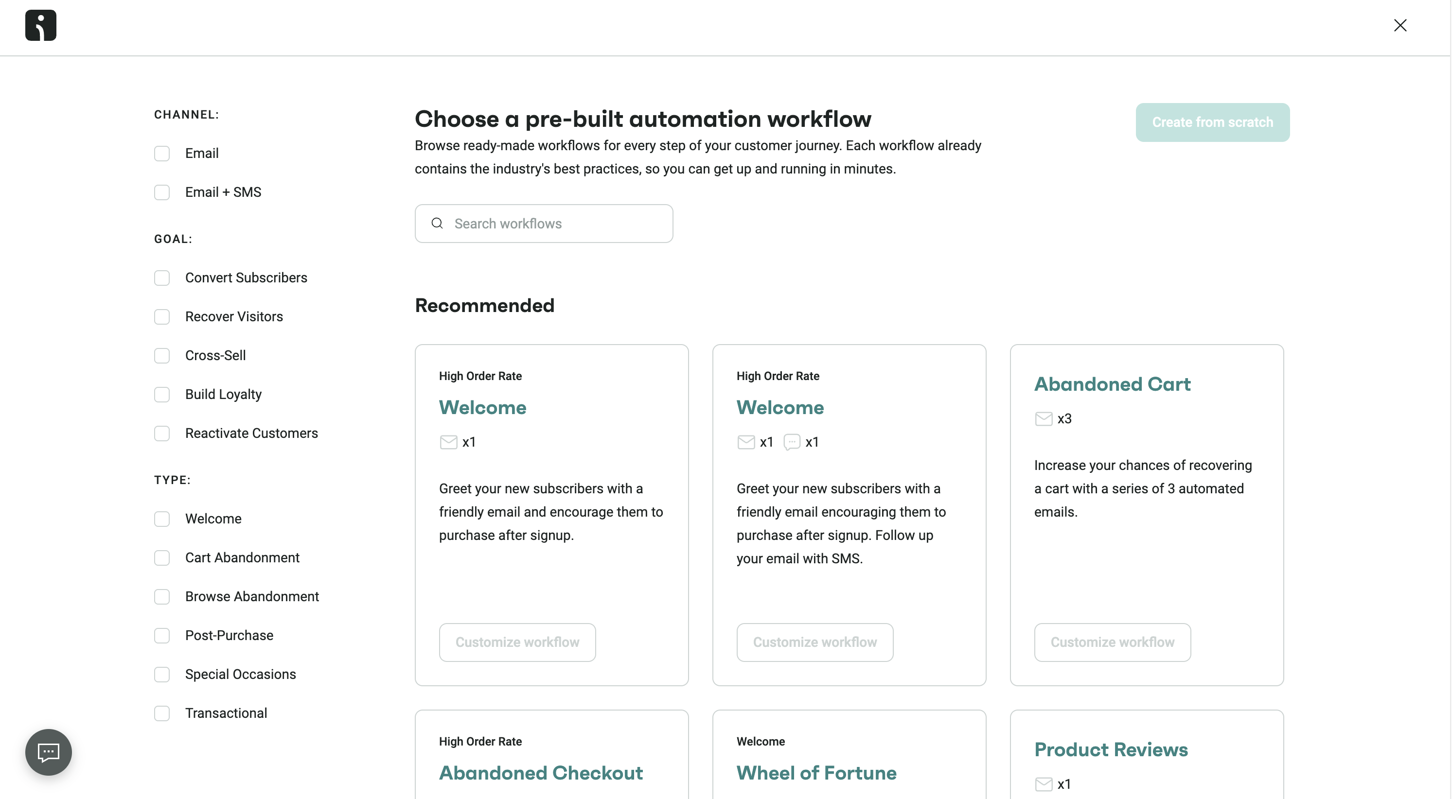 Screenshot of Omnisend's automation workflow options.
