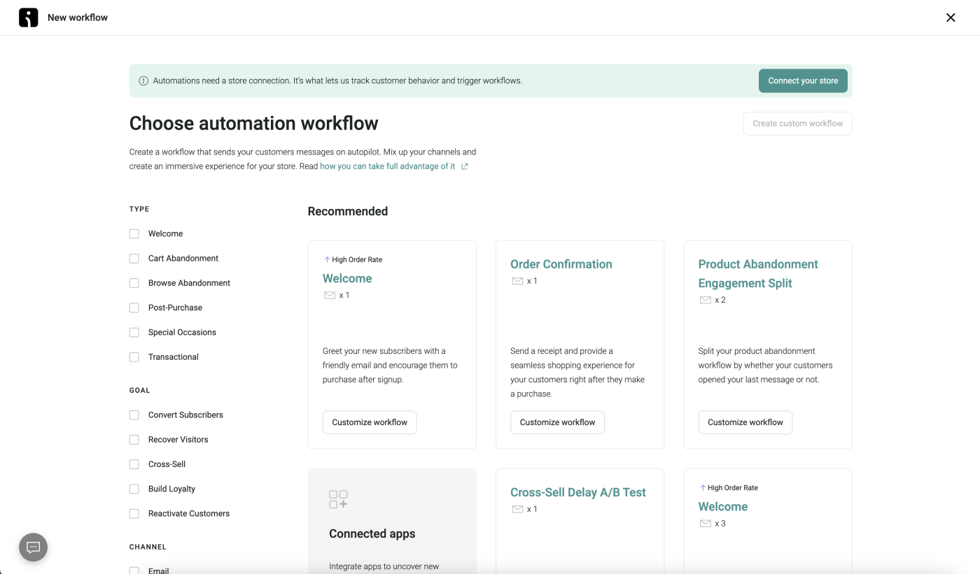 Screenshot of Omnisend's automation workflow options.