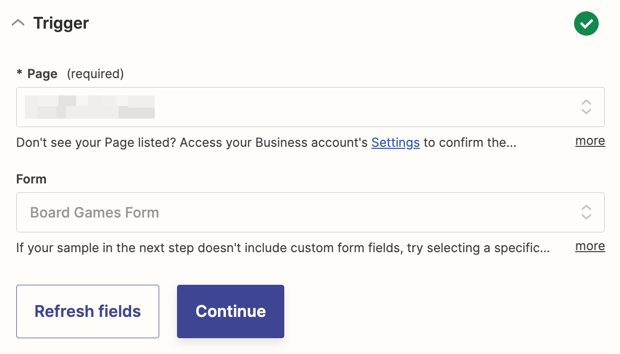 In the Zap editor, fields to select a Facebook Lead Ads page and form that are shown filled in. 