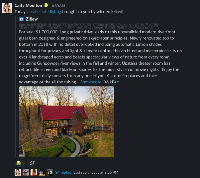 A Slack message with a link to a real estate listing on Zillow.