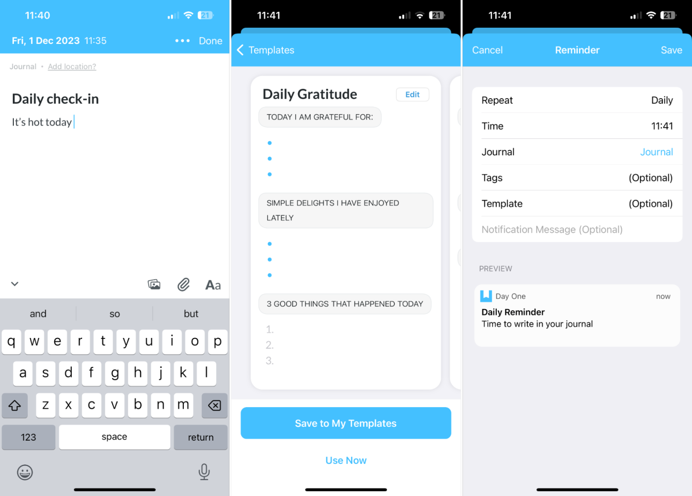 Day One, our pick for the best iPhone productivity app for journaling