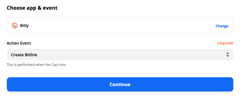 The Bitly app and the Create Bitlink event is selected in the Zap editor. This is the action step.