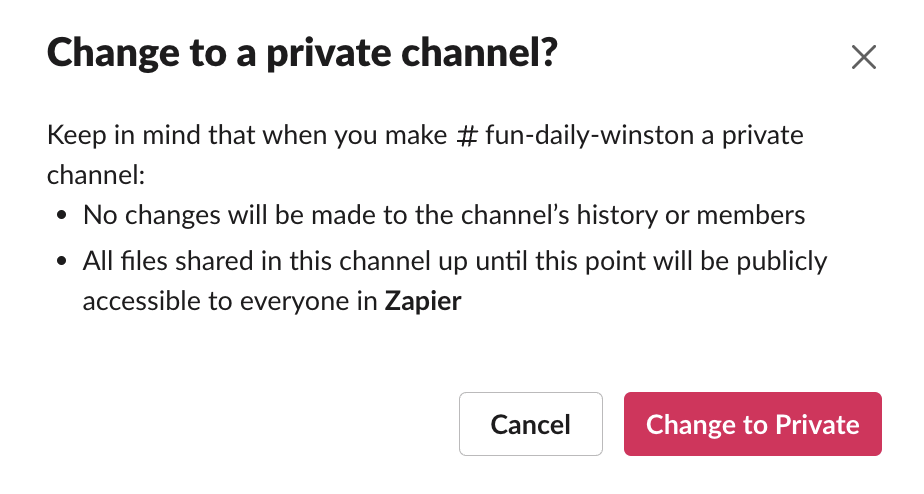 Popup confirmation message in Slack to change a Slack channel to private.