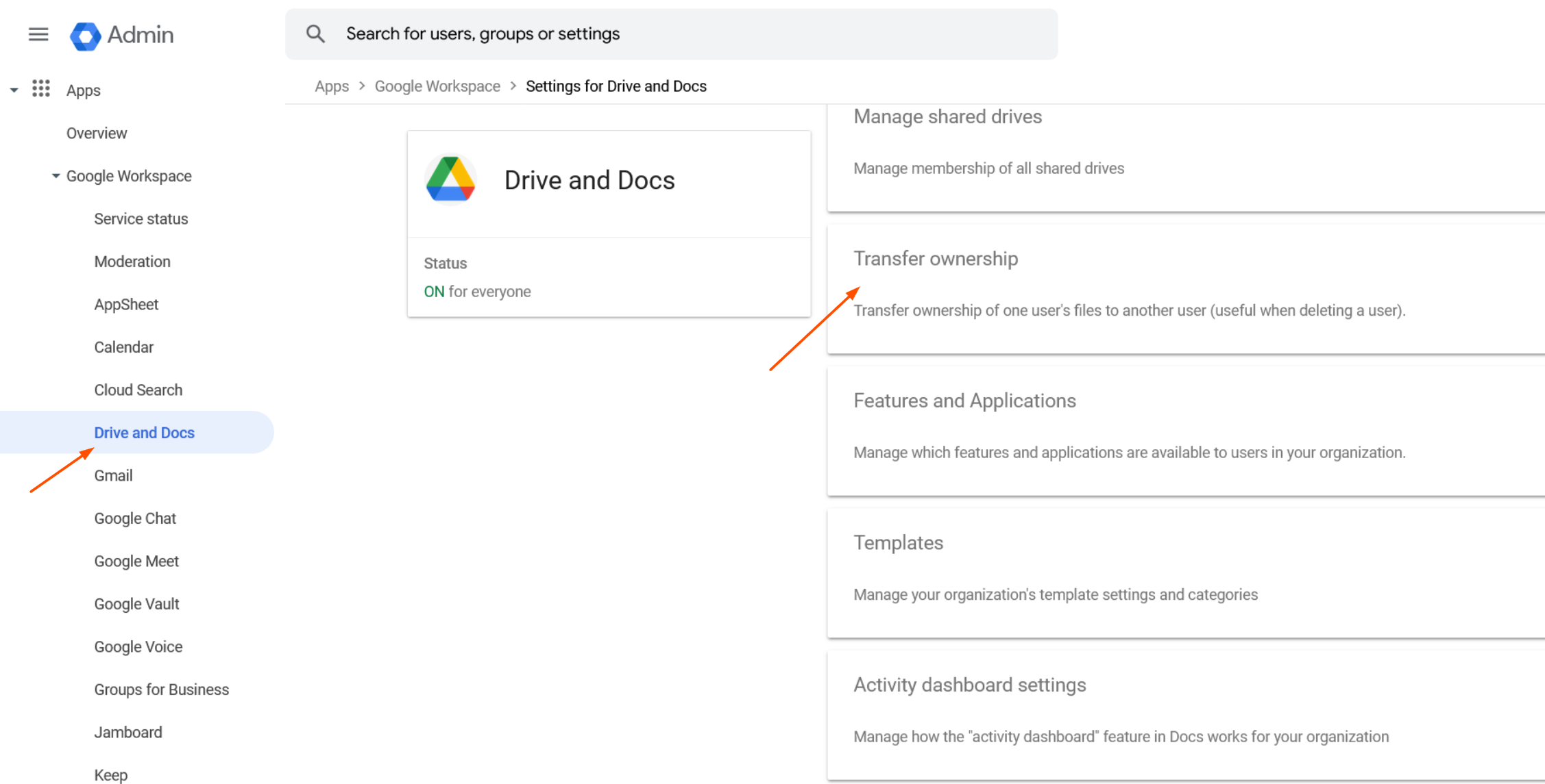 Screenshot of Drive and Doc ownership options