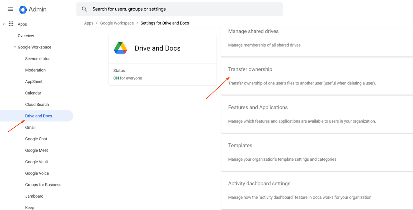 Screenshot of Drive and Doc ownership options