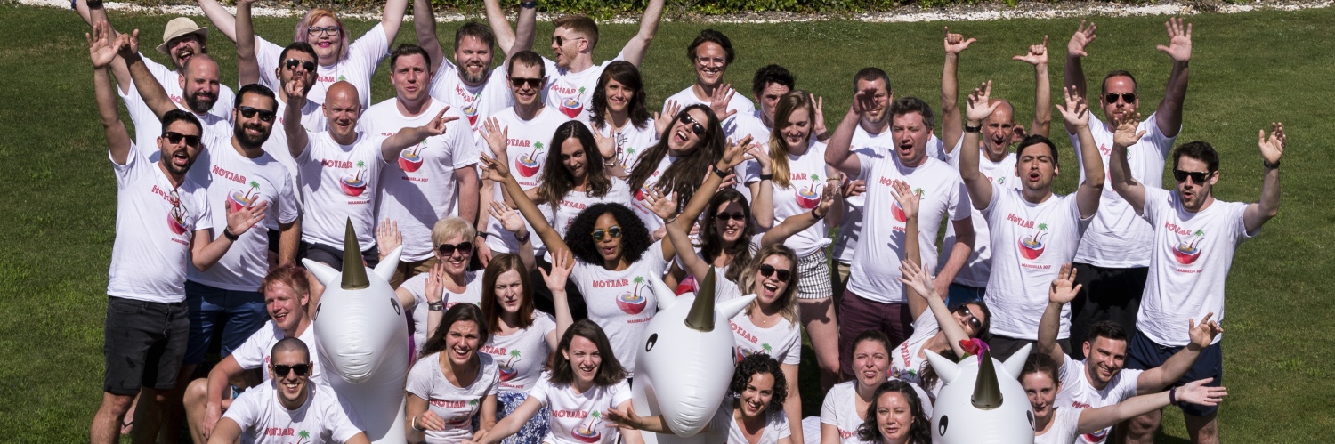 A photo of the Hotjar team posing for a photo outside