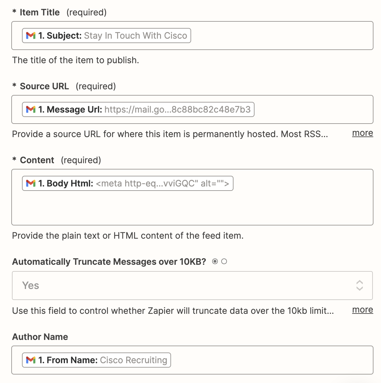 A GIF illustrating how to type in text and map Gmail data to a field.