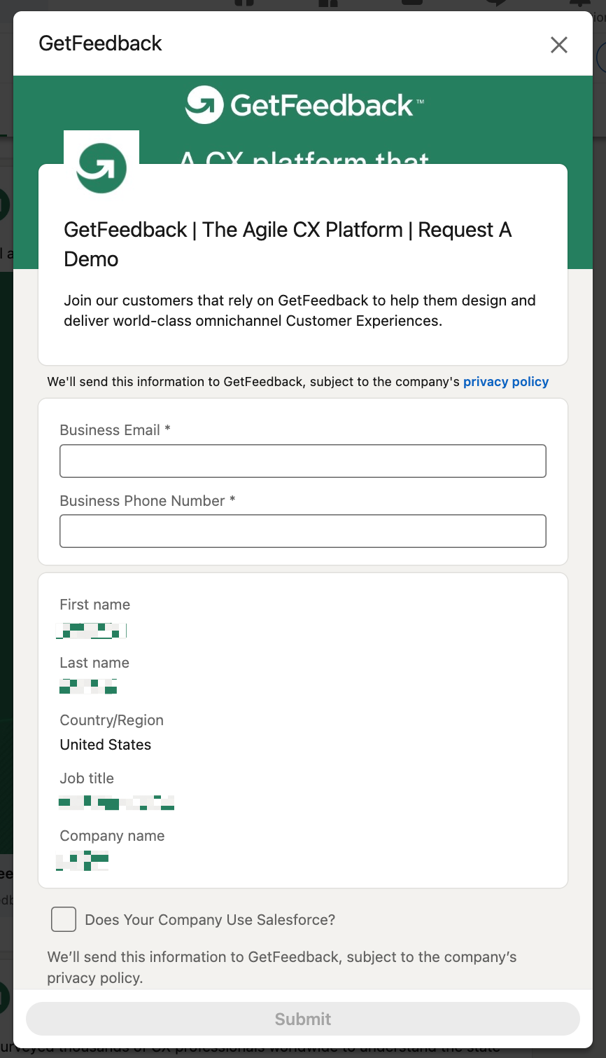 LinkedIn Lead Gen form example from GetFeedback with a checkbox for "Does Your Company Use Salesforce?"