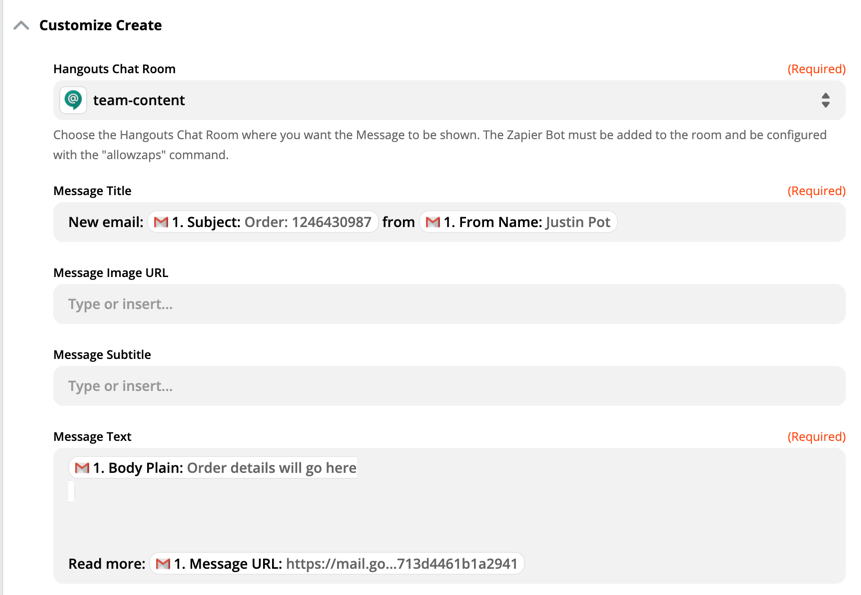 Laying out a Hangouts Chat message in Zapier