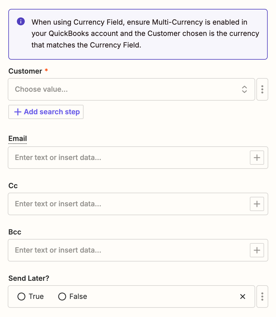 Available fields in the Zap editor.