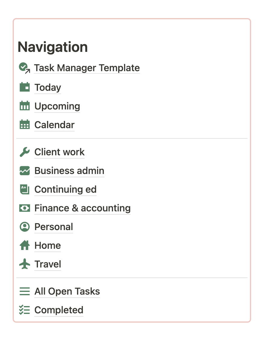 The navigation panel in Nicole's Notion to-do list