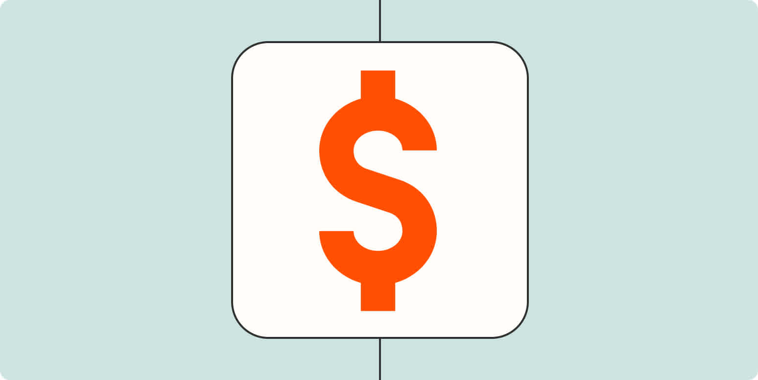 A dollar sign in a white box on a light orange background.