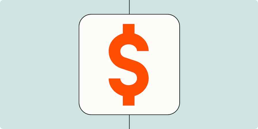 A dollar sign in a white box on a light orange background.