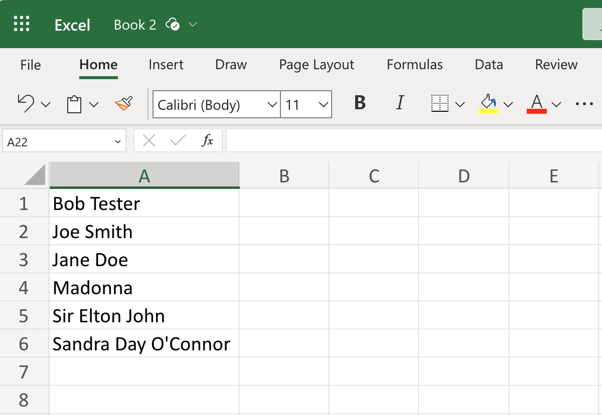 List of first and last names in an Excel spreadsheet. 