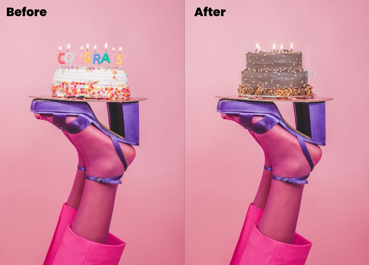 Before and after photo. In the before photo, one-tier vanilla cake with multicoloured confetti bordering the bottom edges and candles that read "CONGRATS." The vanilla cake is resting on the soles of a pair of violet block heels. In the after photo, the vanilla cake has been swapped for a two-tier chocolate cake with plain candles. 