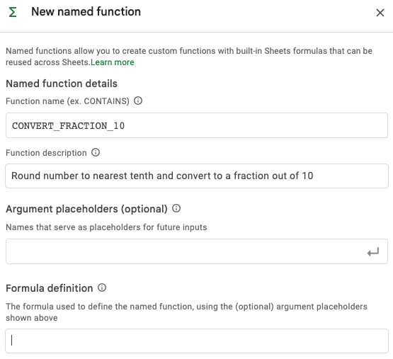 Screenshot showing functions in Google Sheets.