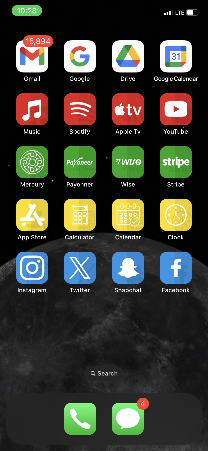 An iPhone home screen where each row of icons is the same color
