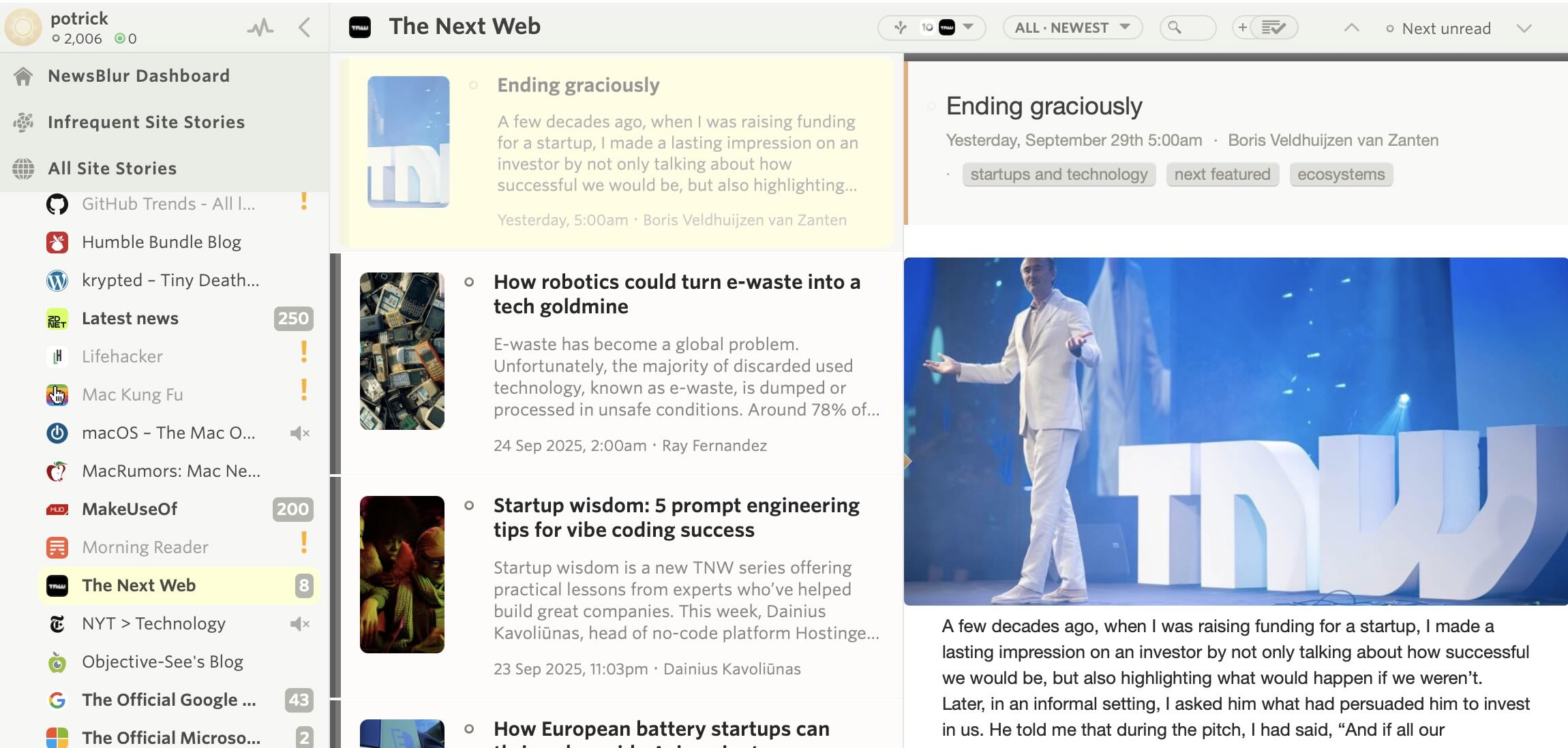 NewsBlur, our pick for the best free RSS reader for filtering your feeds