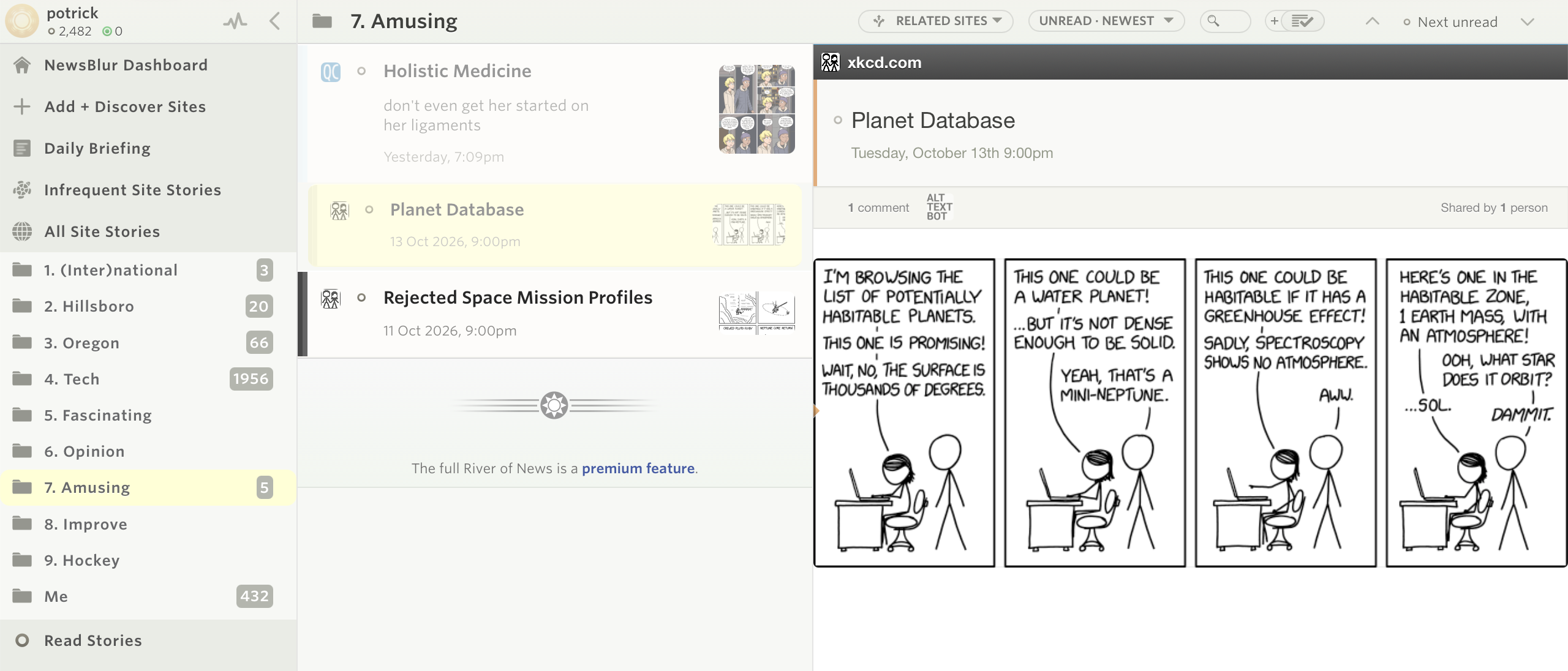 NewsBlur, our pick for the best free RSS reader for filtering your feeds