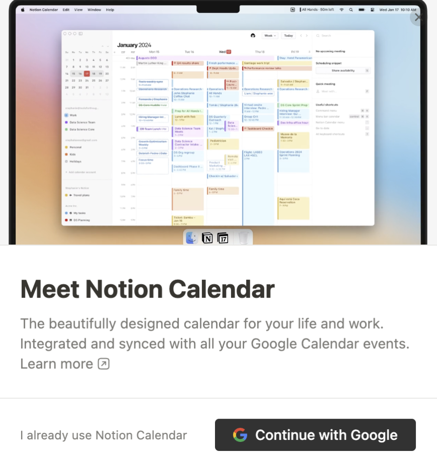 Sign-in dialog window for Notion Calendar.