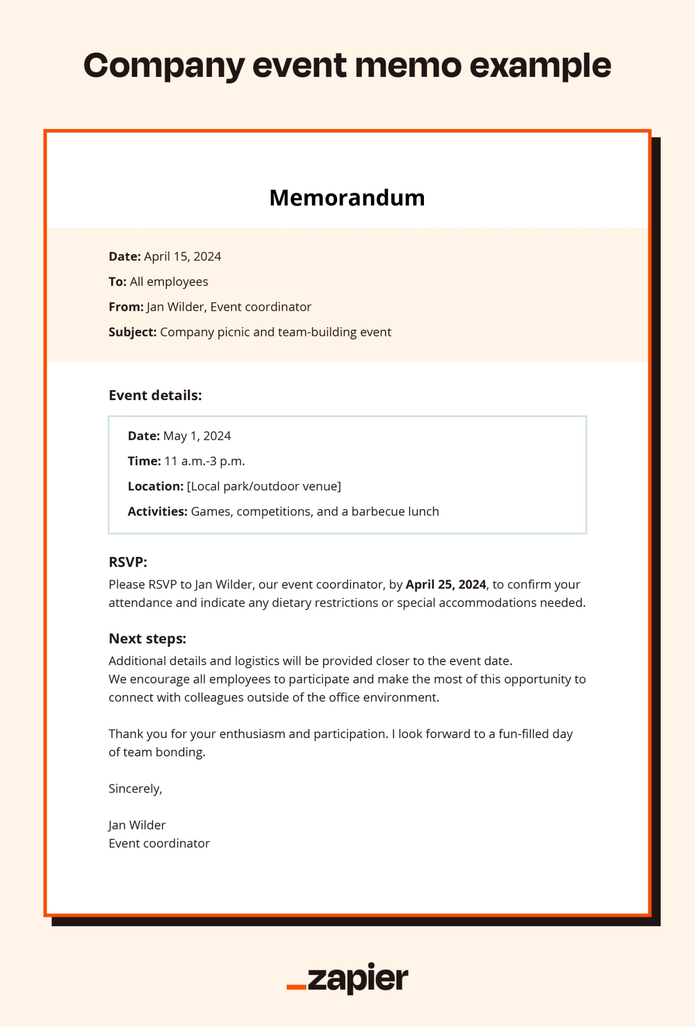 Illustrated example of a company event memo on a light peach background