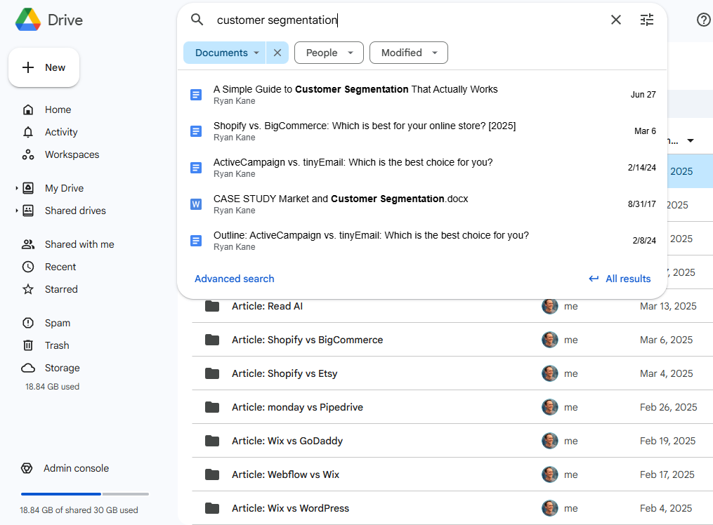 Screenshot of the search function on Google Drive