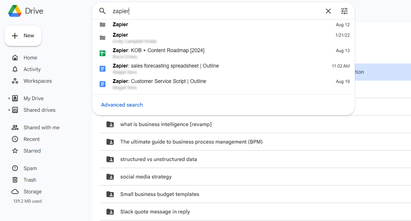 Screenshot of the search function on Google Drive