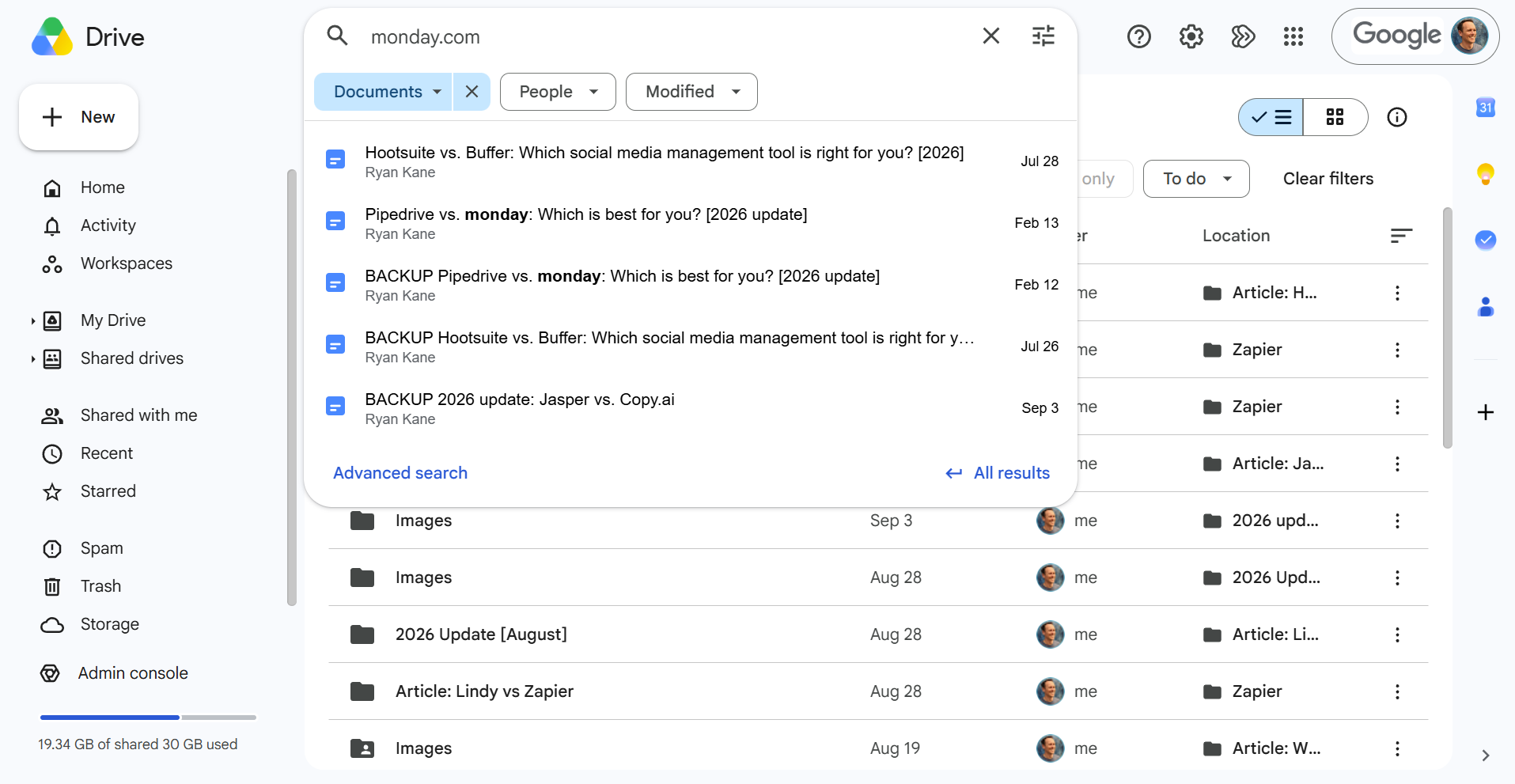 Screenshot of the search function on Google Drive