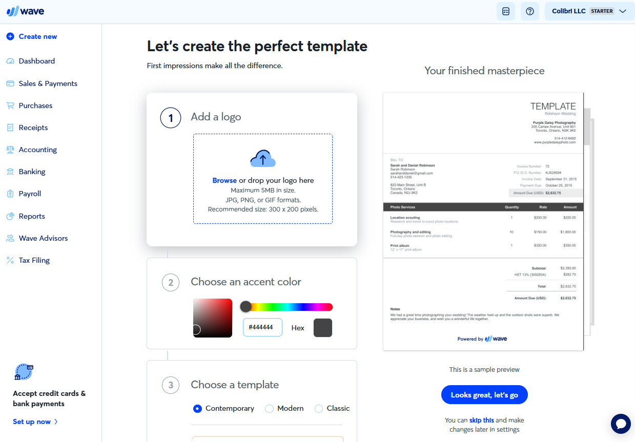 Screenshot of Wave's invoice template