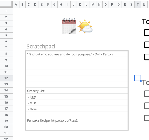 A notepad section in Google Sheets