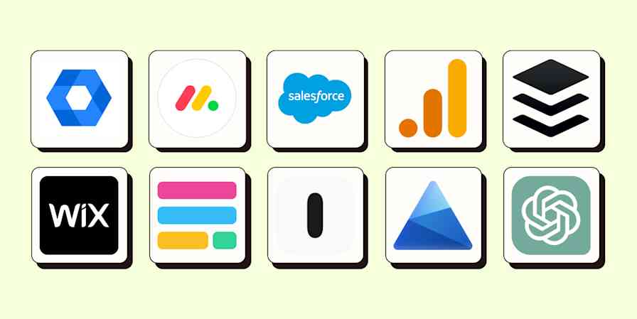 Hero with logos for Google Workspace Admin, monday.com, Salesforce, Google Analytics 4, Buffer, Wix, Fillout Forms, formless, Microsoft Clarity, and ChatGPT